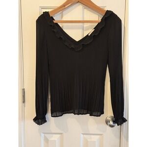 Sézane Women's 34 Black Ruffle V-Neck Long Sleeve Lace Blouse Feminine classic